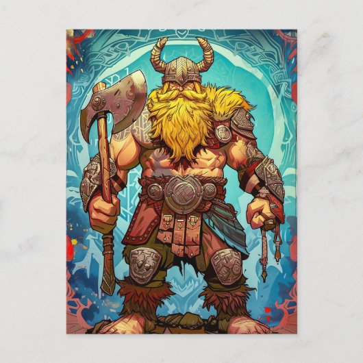 斧を持つバイキング戦士 北欧神話 コミック ポストカード (正面)