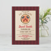 斧投げ誕生日おもしろい木材ランバージャック格子 招待状 (スタンド正面)