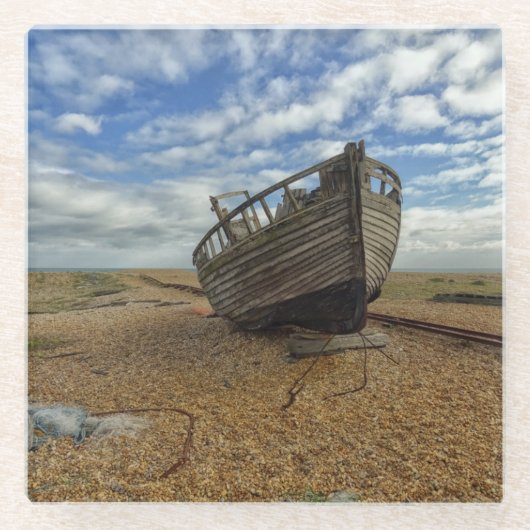 断念された木の漁船| Dungeness ガラスコースター (正面)