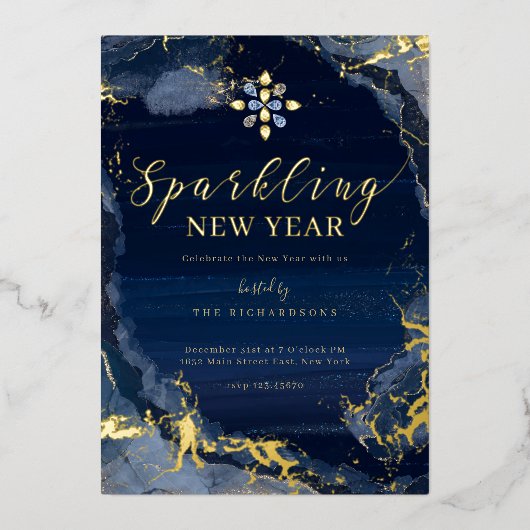 新きらめく年イブパーティーネイビー金ゴールド水色 箔シーズンカード (正面)