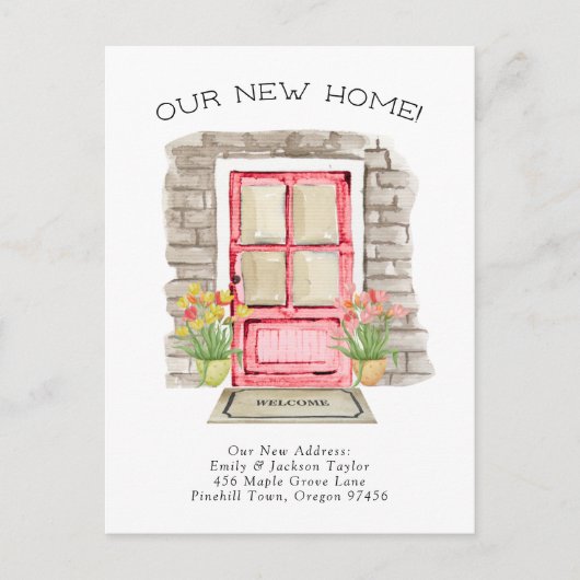 新しいお家 - かわいい新住所の水彩ドア 案内ポストカード (正面)