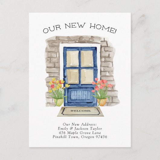 新しいお家 - かわいい新住所の水彩ドア 案内ポストカード (正面)