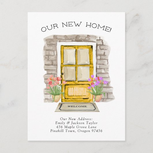 新しいお家 - かわいい新住所の水彩ドア 案内ポストカード (正面)