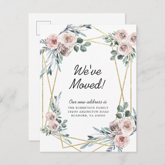 新しいアドレスほこりっぽいピンクのフローラユーカリ移動 案内ポストカード (正面/裏面)