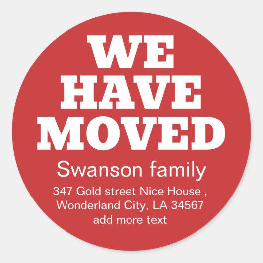 新しいアドレスを移動する赤い引っ越しましたのミニマル ラウンドシール (正面)