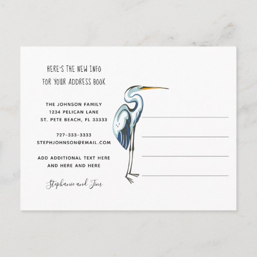 新しいアドレスウォーターフロント素晴らしブルーヘロン移動 案内ポストカード (裏面)