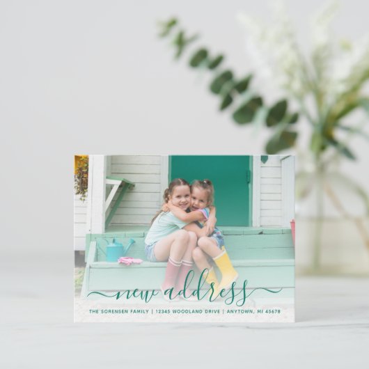 新しいアドレスフォトティール（緑がかった色）スクリプト ポストカード (スタンド正面)