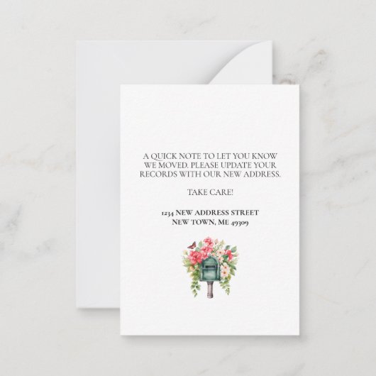 新しいアドレスフローラメールボックスの移動通知カード ノートカード (裏面)