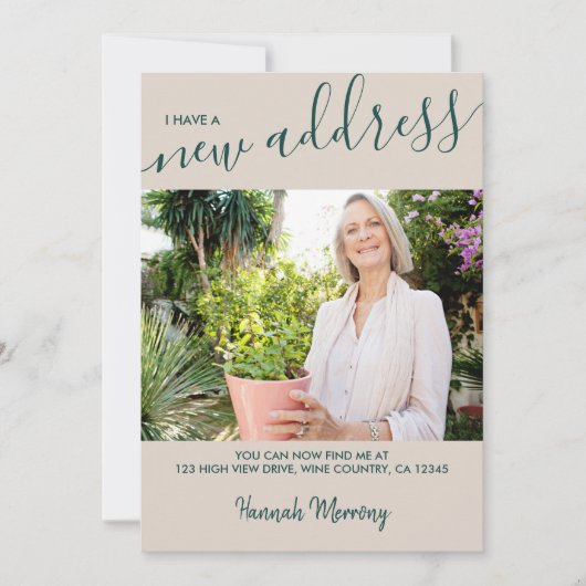 新しいアドレス写真とスクリプエレガントトのベージュ移動 案内状 (正面)