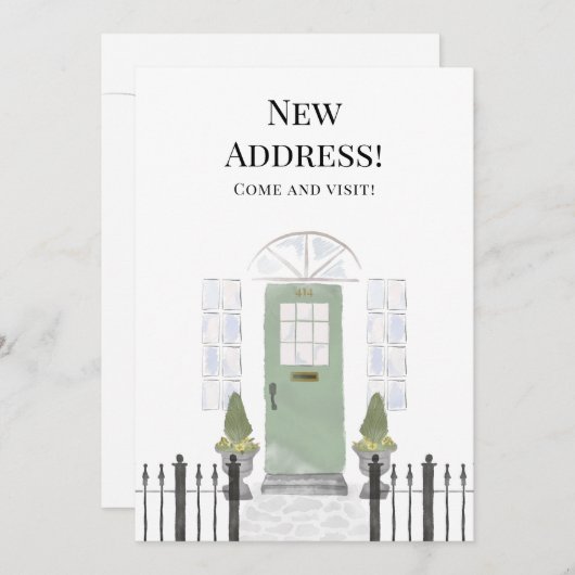 新しいアドレス新しいホームウォーターカラーグリーンドア 案内状 (正面/裏面)