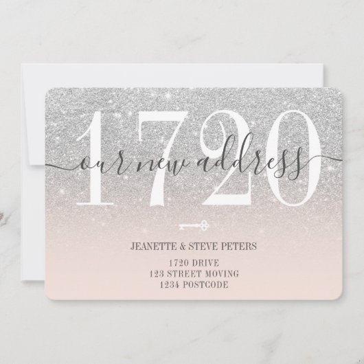 新しいアドレス番号シルバーグリッタースクリプトの移動 案内状 (正面)