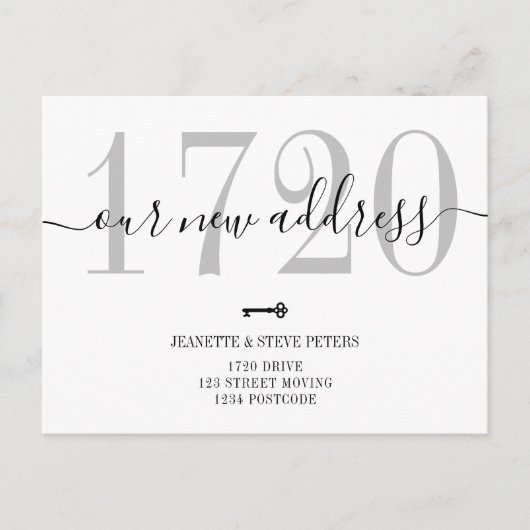 新しいアドレス番号白黒シックなスクリプトの移動 案内ポストカード (正面)
