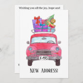 新しいアドレス赤い車クリスマスギフト水色 招待状 (正面/裏面)