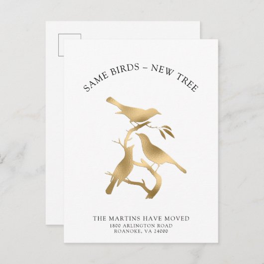 新しいアドレス金ゴールド金属製の鳥の移動 案内ポストカード (正面/裏面)