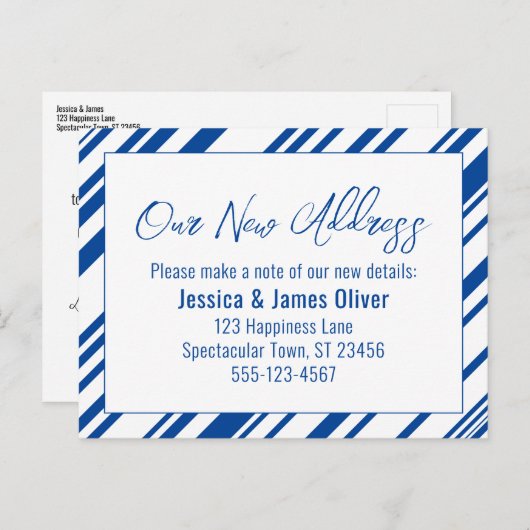新しいアドレス青と白の対角線のストライプ ポストカード (正面/裏面)