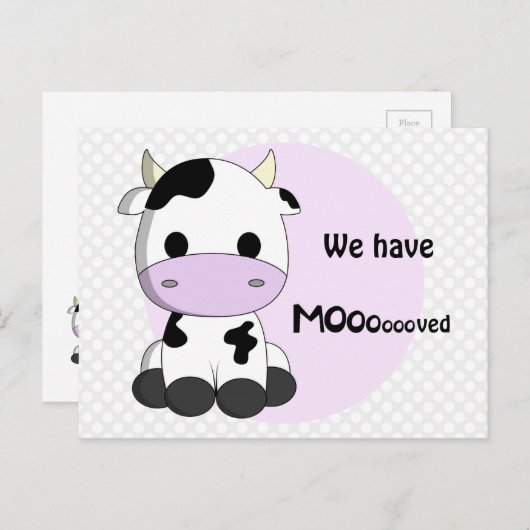 新しいアドレス – かわいい牛通知はがきを移動 案内ポストカード (正面/裏面)