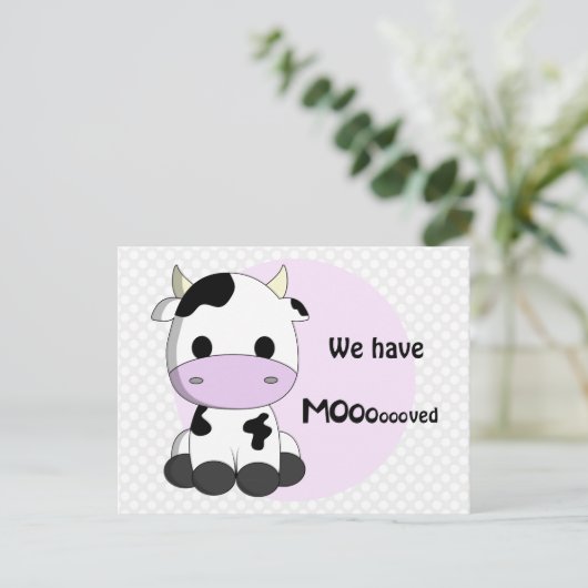 新しいアドレス – かわいい牛通知はがきを移動 案内ポストカード (スタンド正面)