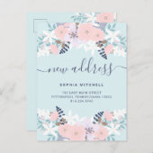 新しいアドレス | キュートブルーパステルフローラムービング 案内ポストカード (正面/裏面)