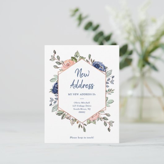 新しいアドレス |フローラの幾何学的な動きの発表 ポストカード (スタンド正面)