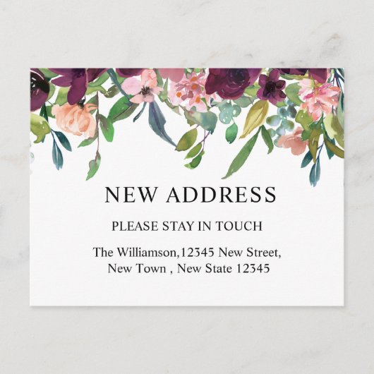 新しいアドレス |水彩フローラと緑 ポストカード (正面)