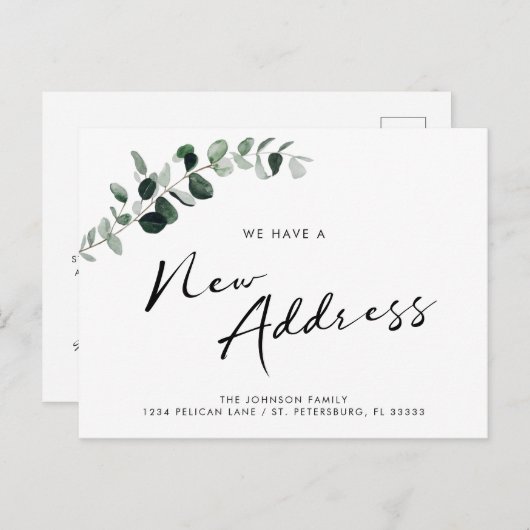 新しいアドレスeucalyptusシックな書道の移動 案内ポストカード (正面/裏面)