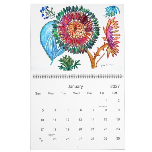 新しいオレンジと紫の花絵 カレンダー (1月 2027)
