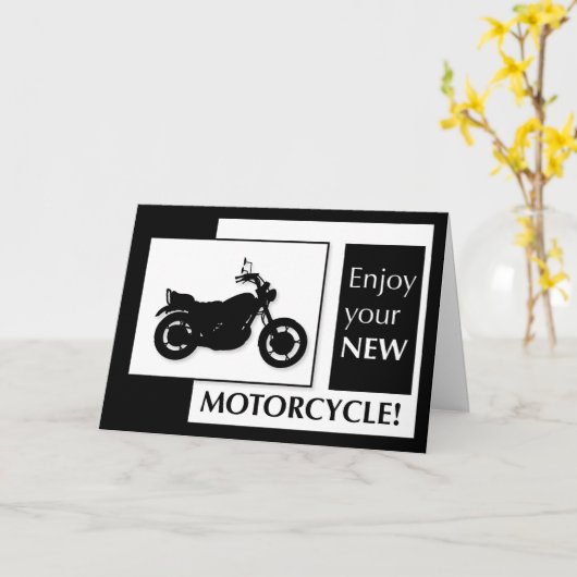 新しいオートバイおめでとう、白黒 カード (黄色い花)