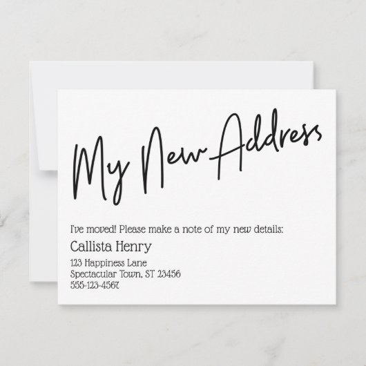 新しいカジュアルアドレスの白黒のお知らせ ノートカード (正面)