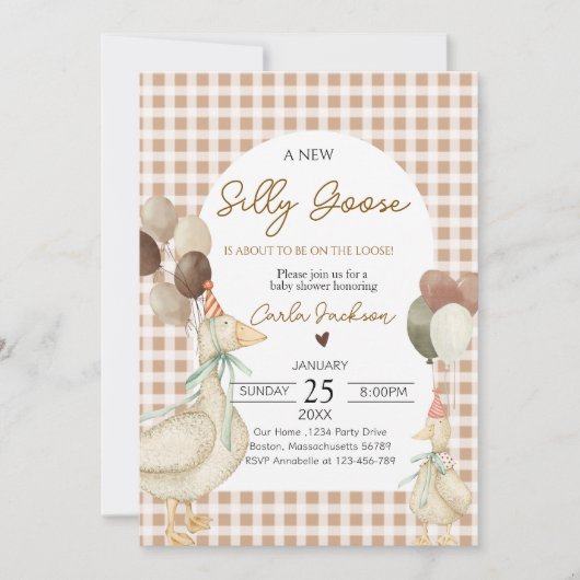 新しいガチョウ間抜けの赤ちゃんシャワー招待状 招待状 (正面)