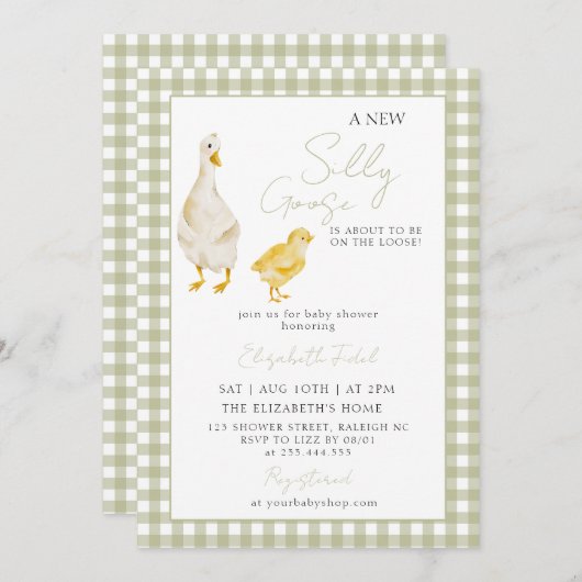 新しいガチョウ間抜けグリーンジンガムの赤ちゃんシャワー 招待状 (正面/裏面)