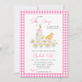 新しいガチョウ間抜けピンクのギンガムの赤ちゃんシャワー 招待状 (正面)
