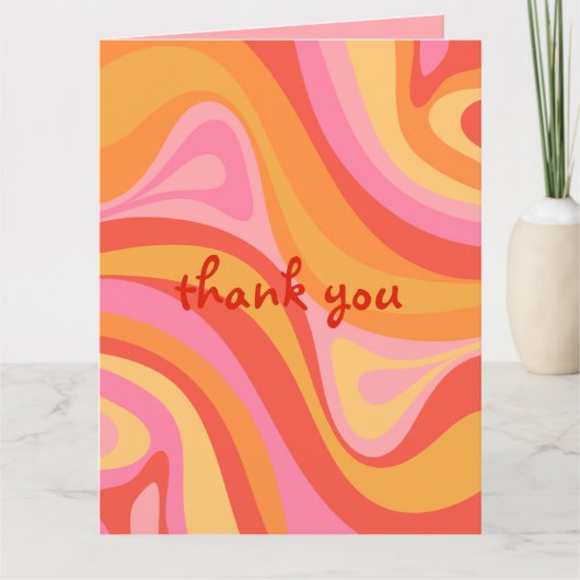 新しいグルーブレトロ抽象芸術パターンピンクとオレンジ サンキューカード (正面)