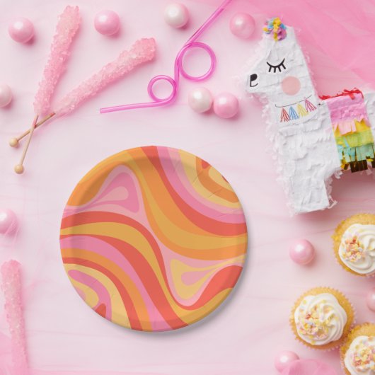新しいグルーブレトロ抽象芸術パターンピンクとオレンジ ペーパープレート (パーティー)