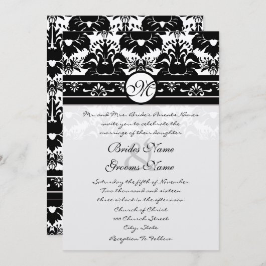 新しいサイズブラックダマスクスワーズ結婚式招待状 招待状 (正面/裏面)