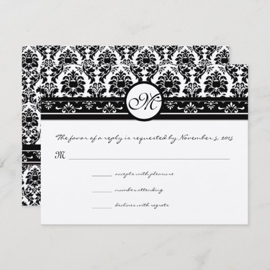 新しいサイズ黒のダマスク結婚スワールの応答カード 出欠カード (正面/裏面)