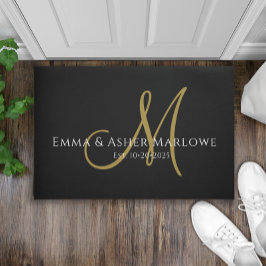 新しいスクリプトモノグラムブラック金ゴールドファミリ名 ドアマット