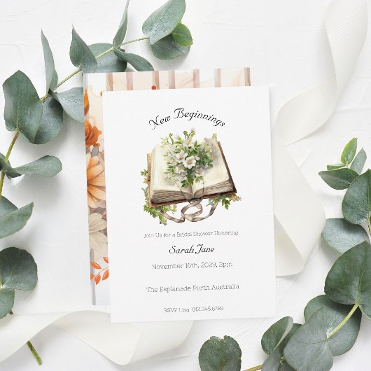 新しいスタートのブライダルシャワー フローラル オープンブック 招待状