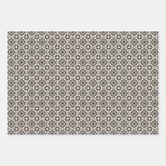 新しいスペインのタイル模様ブラックアンドクリーム ラッピングペーパーシート (正面)