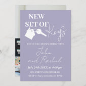 新しいセットの鍵引っ越し祝いパーティーパーティー紫の追加フォト 招待状 (正面/裏面)