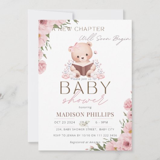 新しいチャプターがテディガールピンクの赤ちゃんシャワーを始める 招待状 (正面)