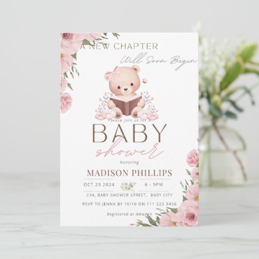 新しいチャプターがテディガールピンクの赤ちゃんシャワーを始める 招待状 (スタンド正面)