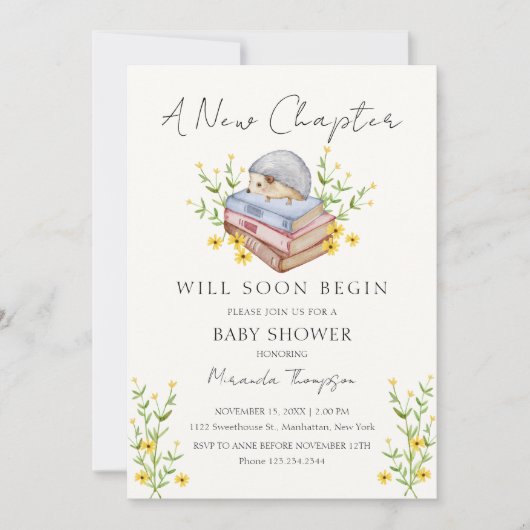 新しいチャプターがフローラハリネズミの赤ちゃんシャワーを始める 招待状 (正面)