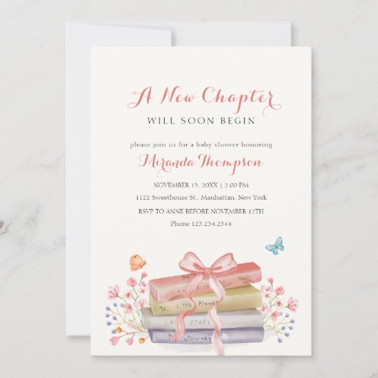 新しいチャプターがフローラ・ボウ本の赤ちゃんシャワーを始める 招待状 (正面)