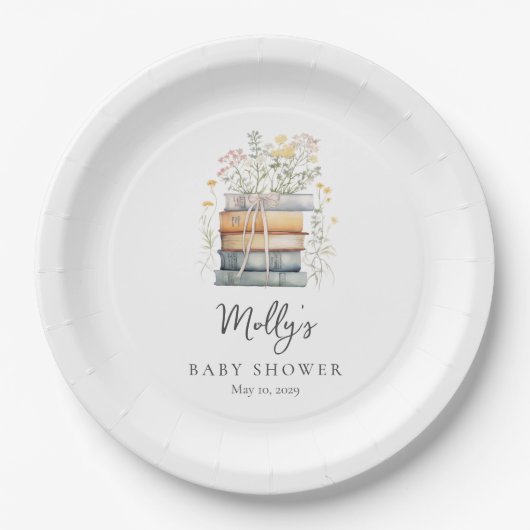 新しいチャプターがワイルドフラワー本の赤ちゃんシャワーを始める ペーパープレート (正面)