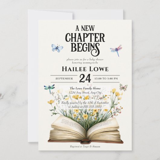 新しいチャプターが始まる赤ちゃんシャワーヴィンテージ野花 招待状 (正面)