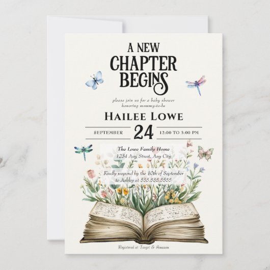 新しいチャプターが始まる赤ちゃんシャワーヴィンテージ野花 招待状 (正面)