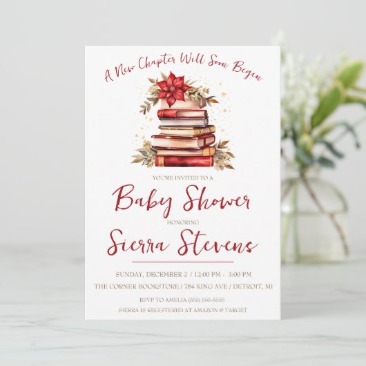 新しいチャプターが始まる、クリスマステーマの赤ちゃんシャワー 招待状 (スタンド正面)