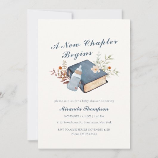 新しいチャプターが本のボトル赤ちゃんシャワーを始める 招待状 (正面)