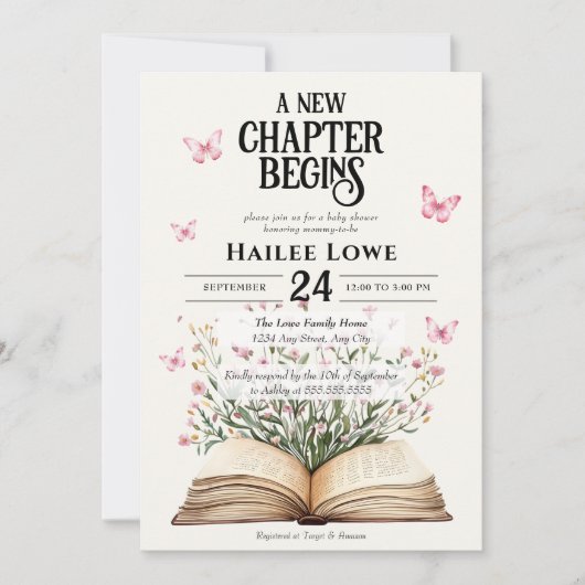新しいチャプターが赤ちゃんシャワーピンクのワイルドフラワーを始める 招待状 (正面)