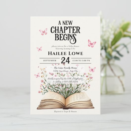 新しいチャプターが赤ちゃんシャワーピンクのワイルドフラワーを始める 招待状 (スタンド正面)